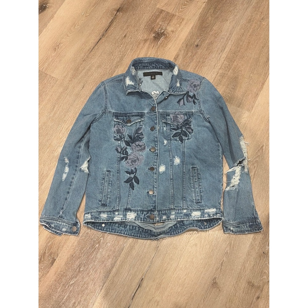 Tinsel Distressed Denim Jacket Floral Embroidered Light Wash Blue Small
